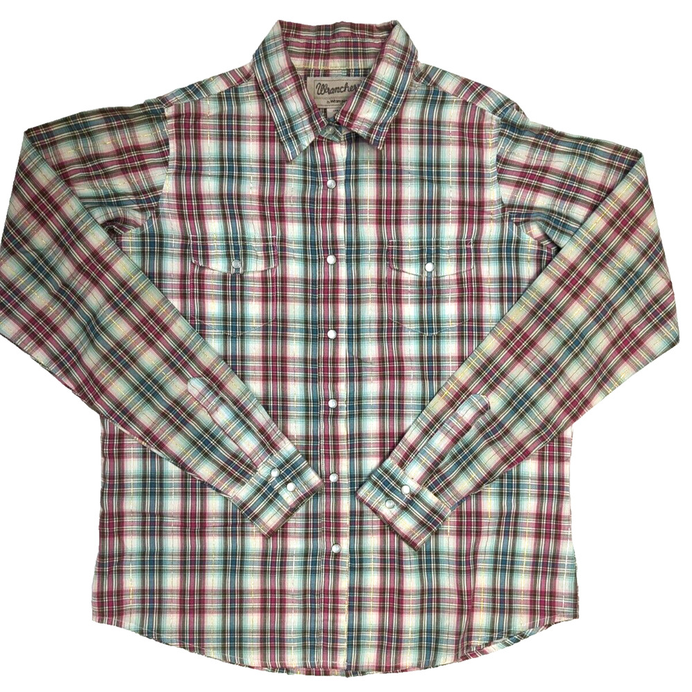 Wrangler Wrancher Pearl Snap Shirt Women's Medium Long Sleeve Glitter Plaid